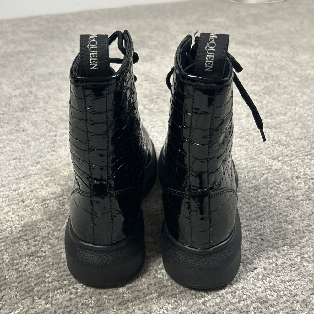 Alexander McQueen Croc Effect Boots Womens 38.5E US 8.5 Black Combat New - Picture 9 of 16